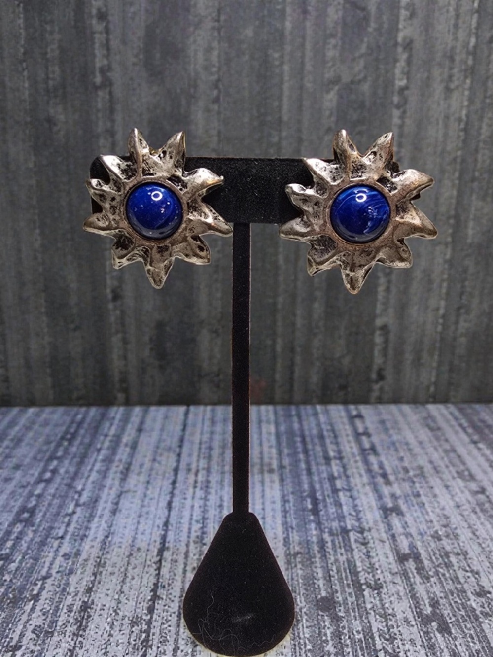 Dyrberg/Kern Silver-Tone Sunburst with Blue Glass Cabochon Clip On Earrings RARE